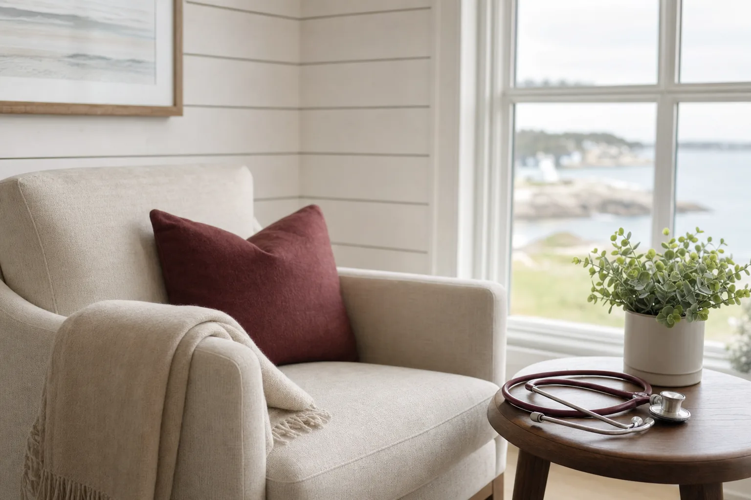 A calm consultation room with soft coastal light
