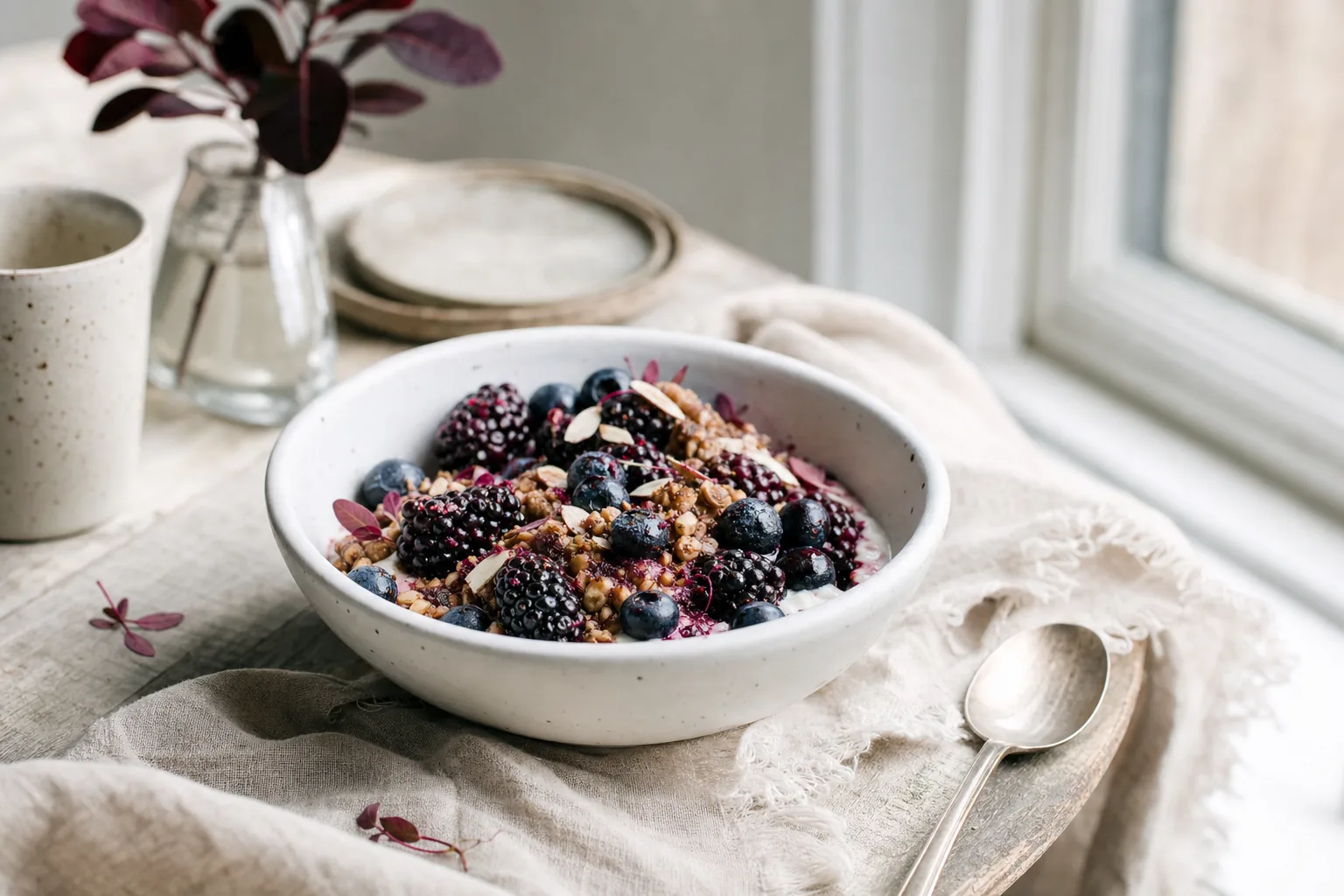 A bowl of fresh berries and grains by a sunlit window