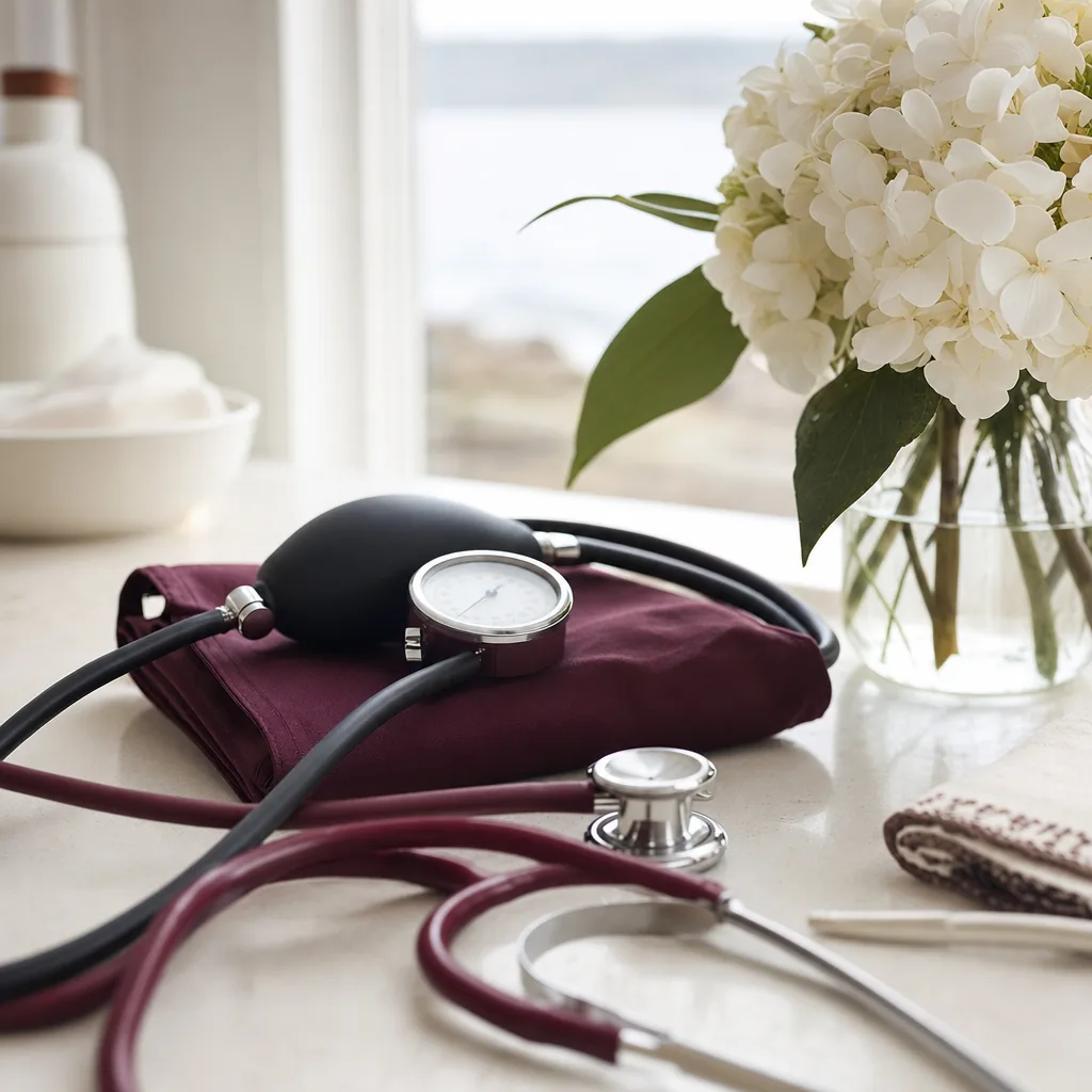 A blood pressure cuff and stethoscope on a bright exam-room counter