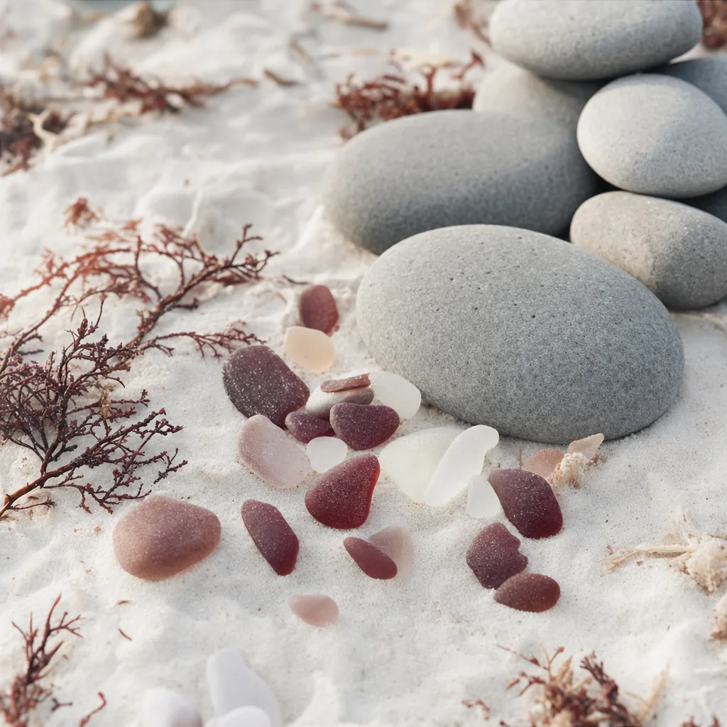 Sea glass and stones on the sand